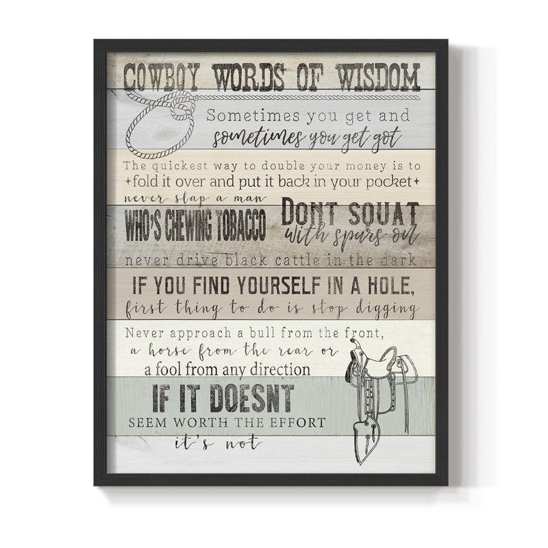 Cowboy Words Of Wisdom, reproduction encadrée - bois massif, H 21 po x l 17 po, Noir, noir, noir, noir