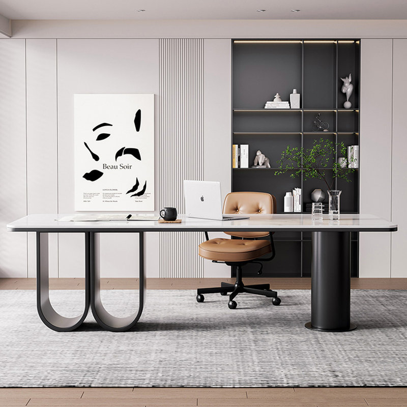Bureau blanc + pierre frittée rectangulaire + bois massif + bureau en fer, H 29,53 po x l 94,49 po x P 31,5 po