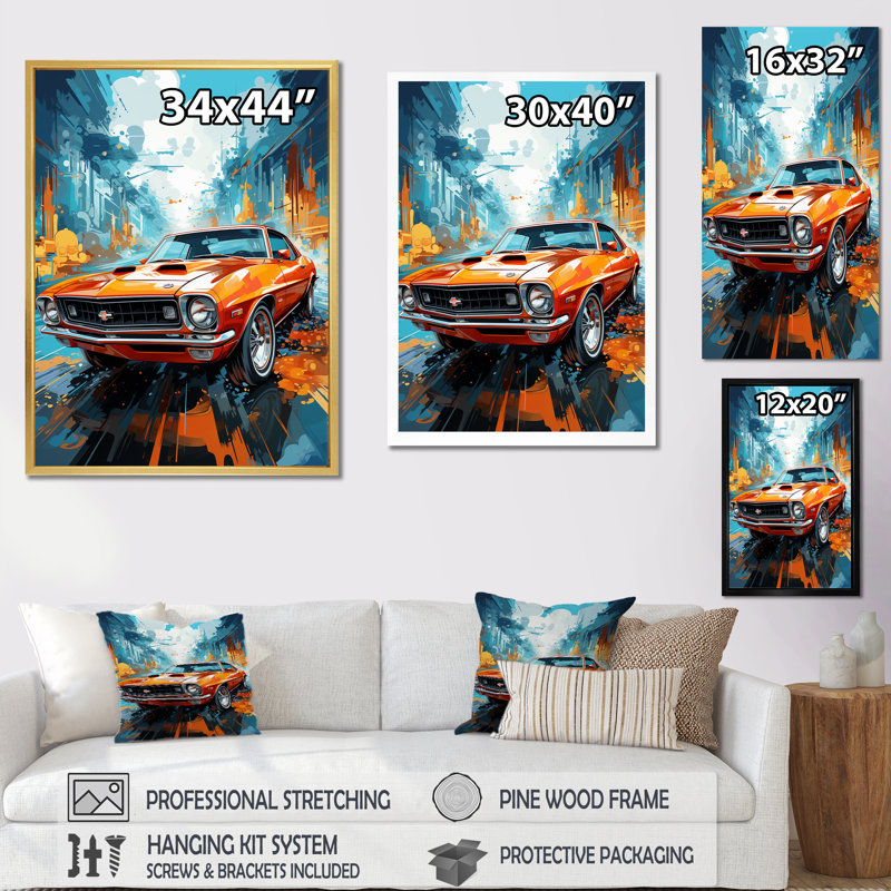 Collage de voiture orange orange, Cadre simple noir, H 32 po x l 24 po x P 1 po
