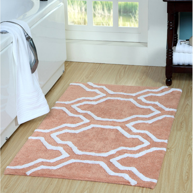 Marvela Cotton Bath Rug, 50" x 30", Coral/White