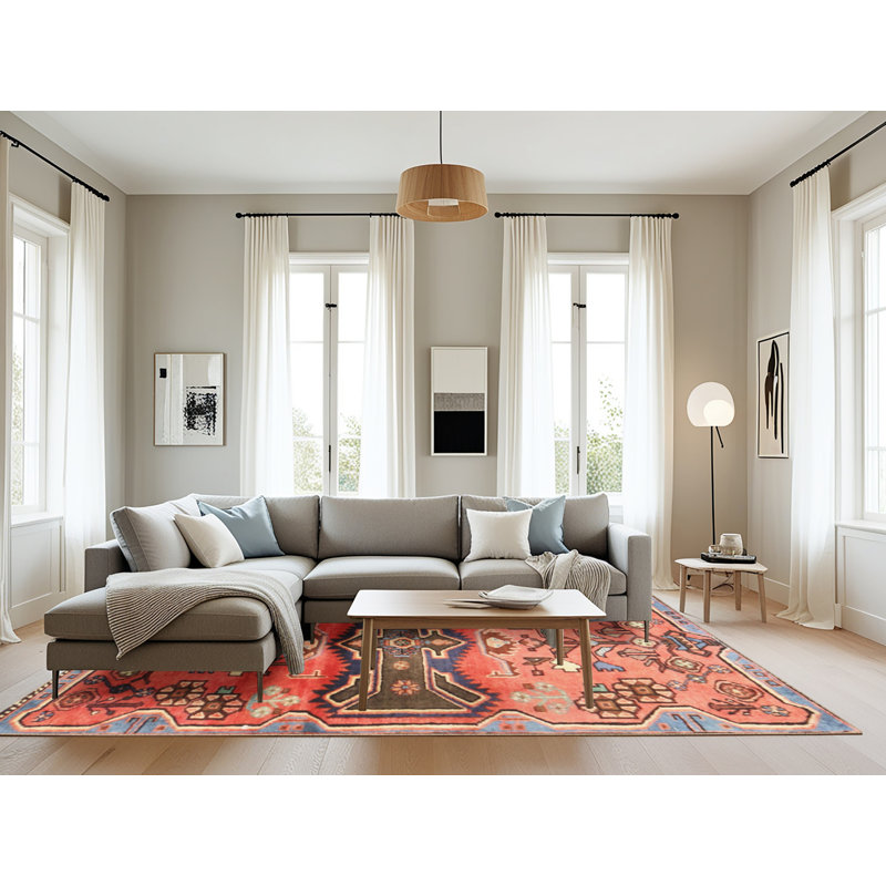 Tapis rouge / bleu / brun, Rond 7 pi