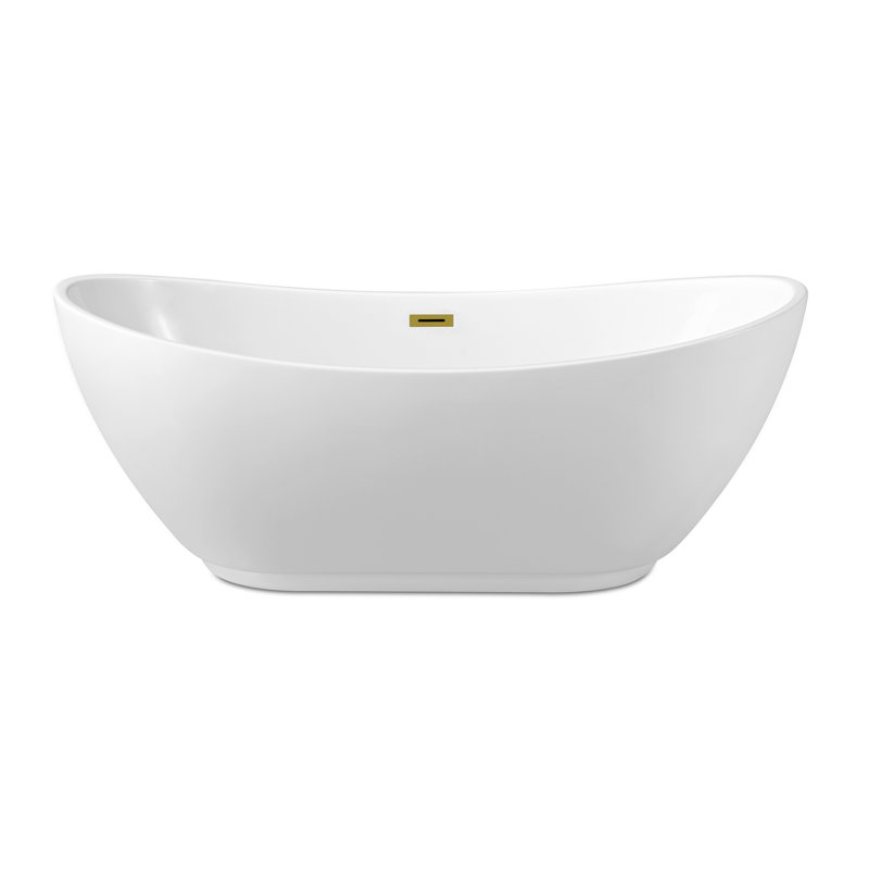 62" Streamline Freestanding Soaking Acrylic Bathtub With Drain and Bamboo Tray, Polished Gold