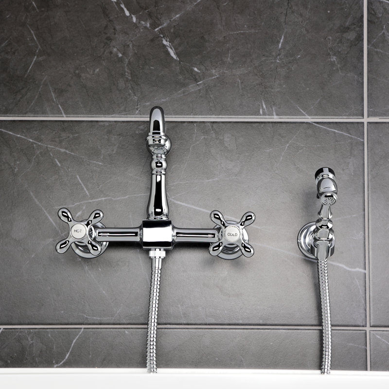 Kingston Brass Heritage Double-Handle 3-Hole Wall-Mount Bridge Kitchen Faucet with Brass Sprayer, Polished Chrome