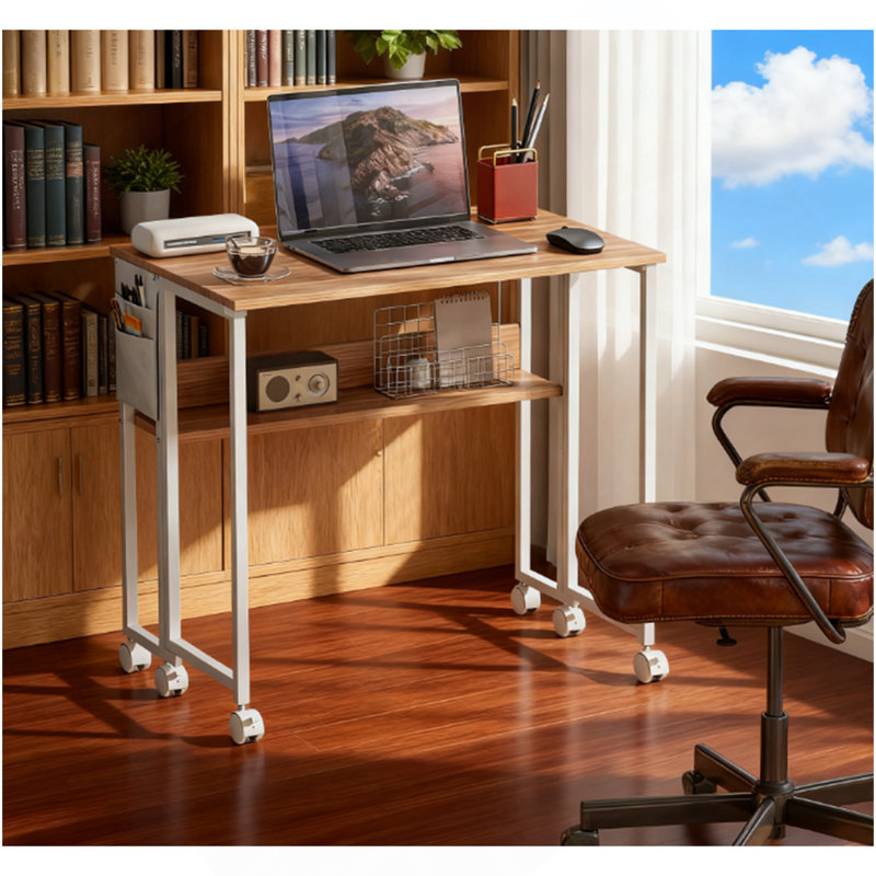 Foldable Desk With Storage Bag,Shelf And Wheels For Small Spaces,Home  Office, Natural Wood/White