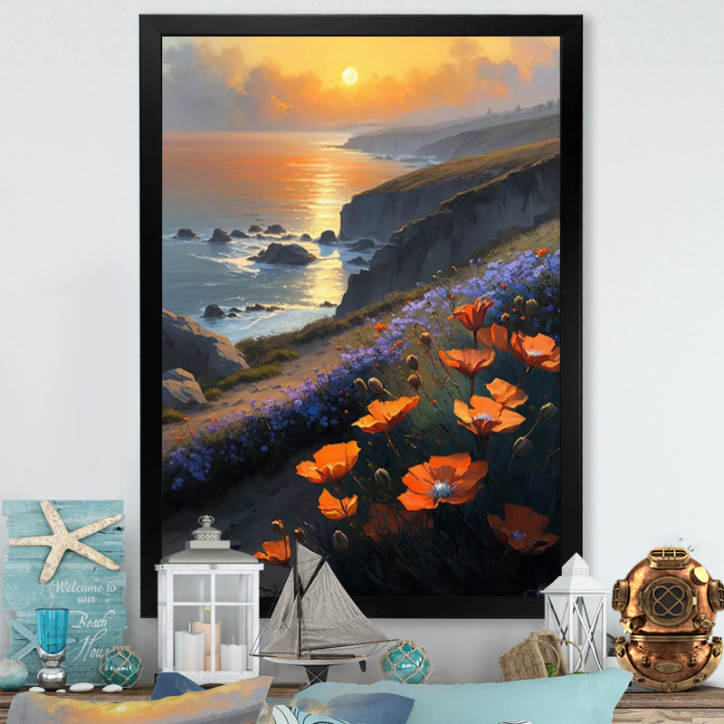 Fleurs orange par la côte II - reproduction sur toile, H 32 po x l 16 po x P 1 po, Impression noire sur toile encadrée