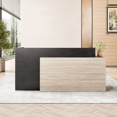 Modern L-Shaped Reception Desk with Dual Workstations, 2-Tone Wood & Black Finish, Cable Management, Privacy Panel - Perfect for Office, Salon, or Retail