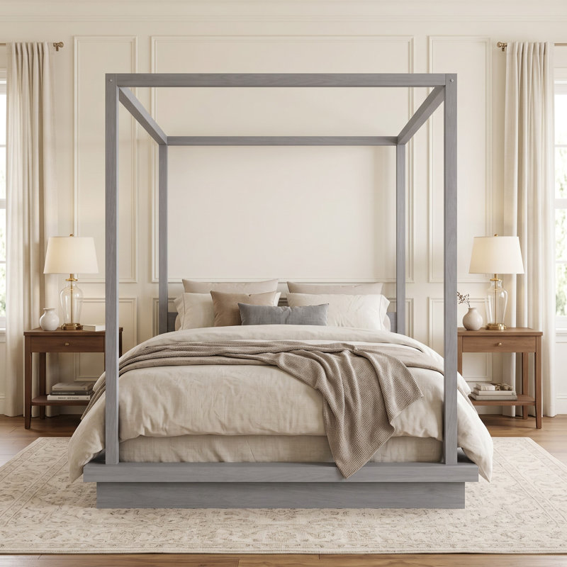 Lit plateforme à baldaquin en bois, profil bas, tête de lit à panneaux, style ferme moderne, chambre, Grand lit, Gris