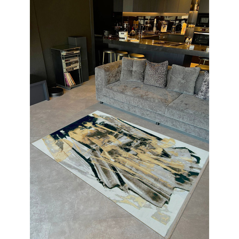 Tapis décoratif moderne à motif abstrait tissé à motif abstrait noir et jaune Barcelona Collection