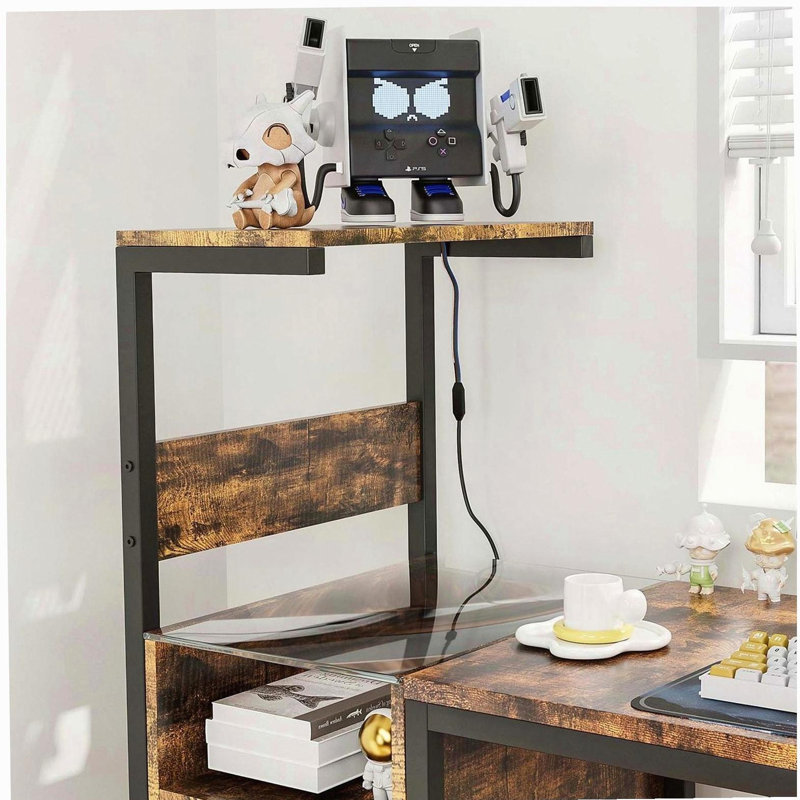 Computer Desk with Power Outlet & Storage Shelves, Study Writing Table with USB Ports Charging Station, PC Desk Workstation
