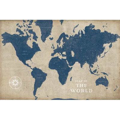 " Burlap World Map I Navy " by Sue Schlabach Painting Print