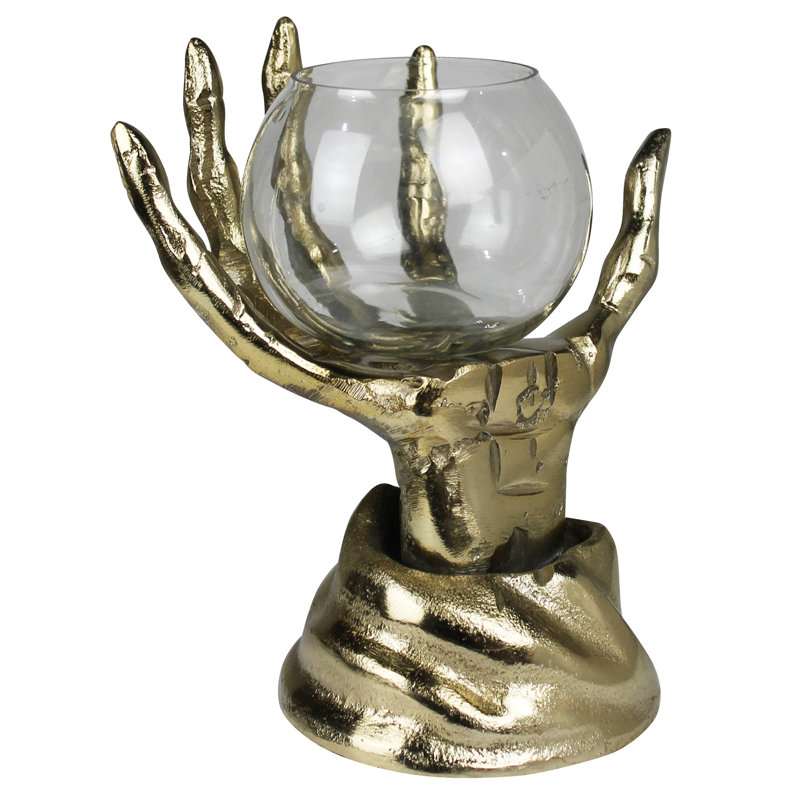 Squelette avec bol en verre, laiton