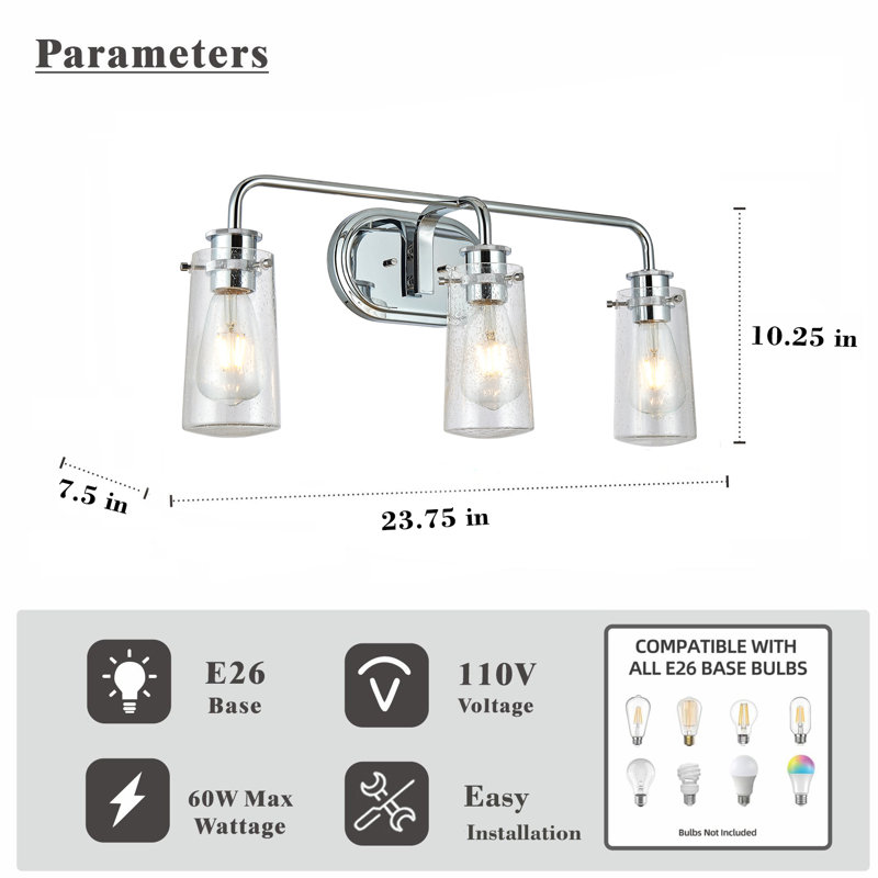 24" Chrome 3-Light Vanity Bathroom Light with Clear Seedy Glass Shades