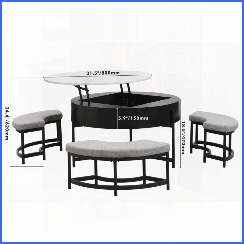Table basse moderne à plateau relevable avec rangement 3 repose-pieds - Centre de table peu encombrant, Noir, Noir