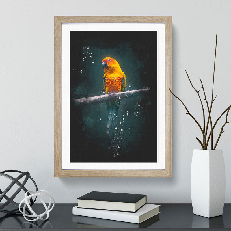 Perched Parrot - Picture Frame Graphic Art Print, 33cm H x 24cm W x 2cm D, Oak Framed