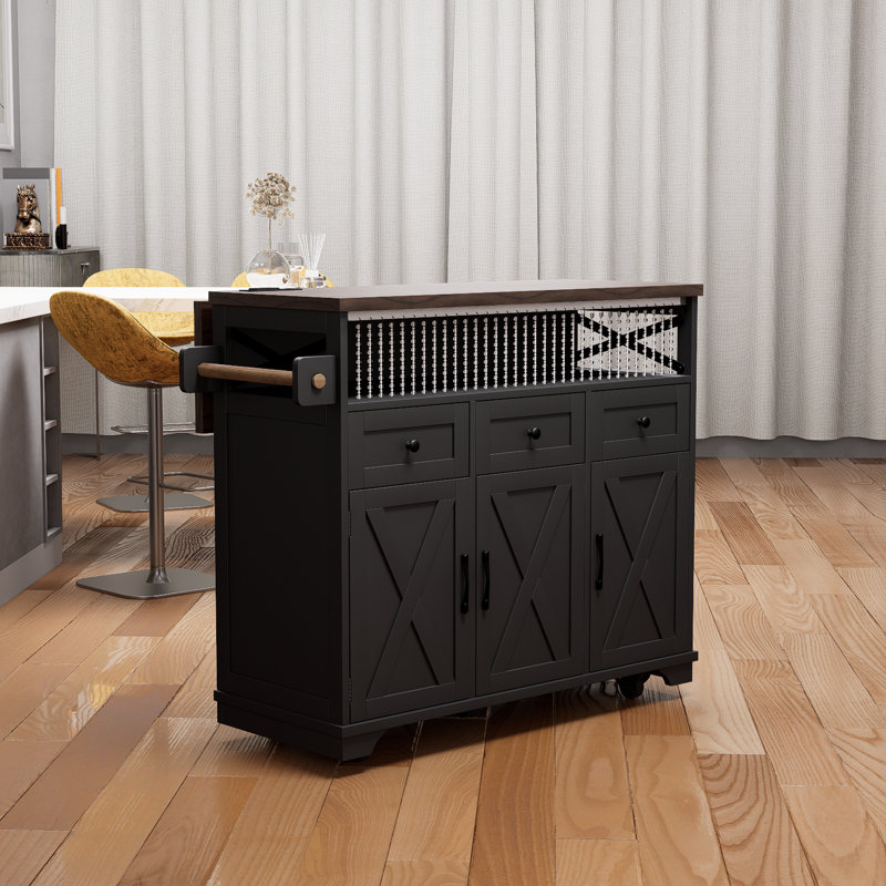 Black Farmhouse Kitchen Island With Beaded Pendant, Electrical Outlet, Rolling Kitchen Cart With Drop Leaves, 3 Doors, 3 Drawers And Internal Iron Rack For Kitchen, Dining Room