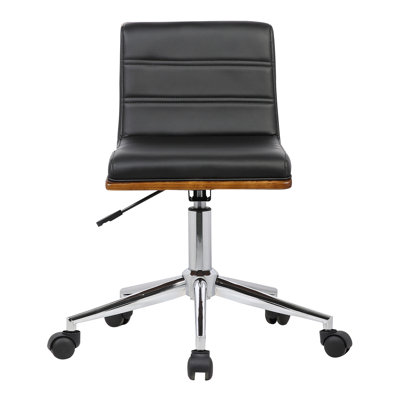 Fairhaven Mid-Century Office Chair in Black Faux Leather, Walnut Veneer Back and Chrome Finish