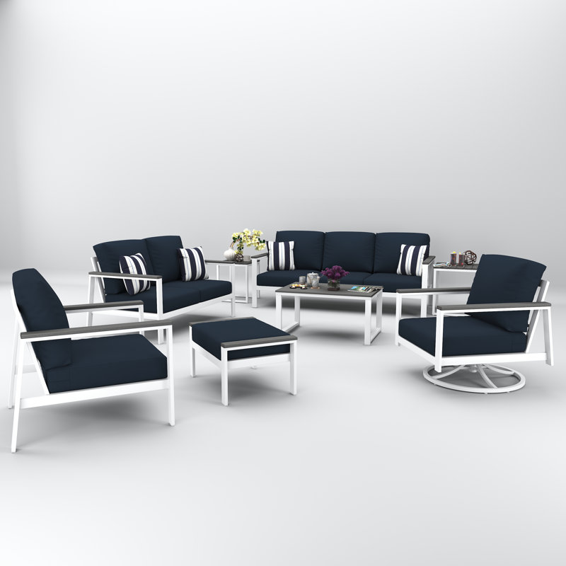 Townsend 7 Person Seating Group With Sunbrella Cushions, Gray, Canvas Navy