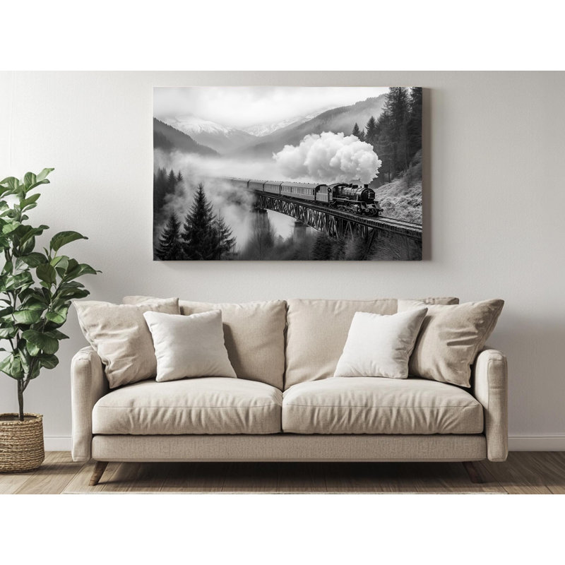 Reproduction d'art sur toile de haute qualité - train mural noir et blanc rétro vintage - art élégant - cadeau - décoration murale, reproduction de peinture
