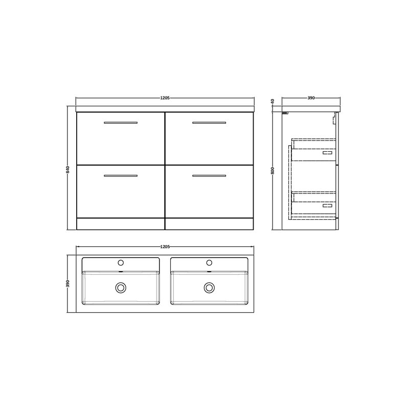 1205mm Double Bathroom Vanity with Drop In Polymarble Basin, Bleached Oak