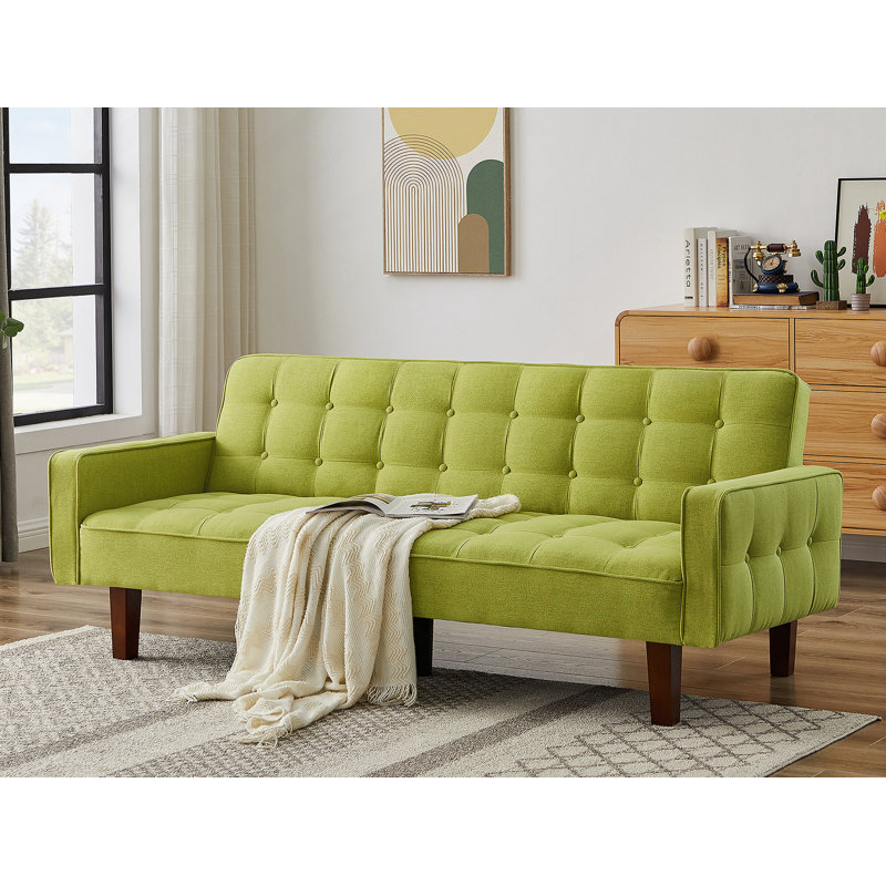 Linen Square Arm Sleeper Sofa Bed, Green Linen