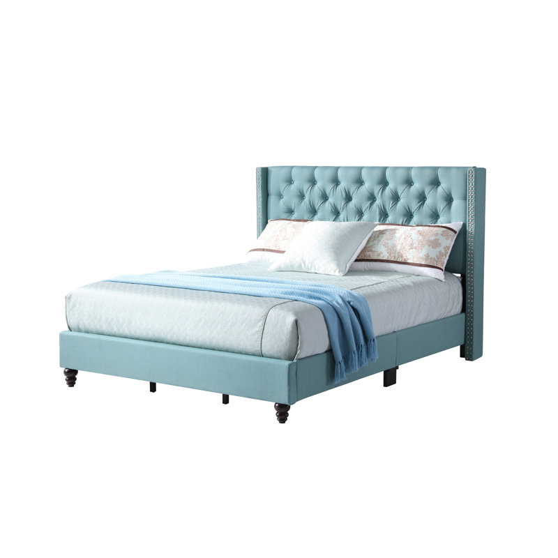 Ashe Upholstered Cotton Wingback Bed, Full / Double, Blue