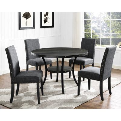 Table de salle à manger en bois, 5 chaises avec têtes de clou en tissu gris, pieds en métal de table ronde au fini grain de café, sièges rembourrés en coton et lin, pièce fixe pour structure pour quatre personnes et salle à manger familiale contemporaine, sièges 4