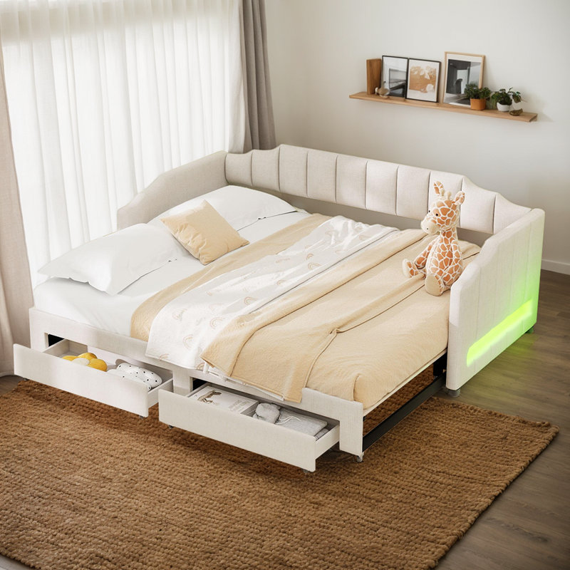 Adjustable Linen Upholstered Daybed With Twin XL Expansion, Storage Drawers & LED Features, Beige