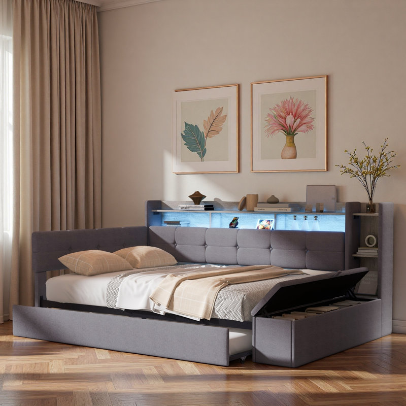 Upholstery Daybed With Storage Footstool, Shelves, Trundle, Usb Charging And Led Light, Gray, Twin