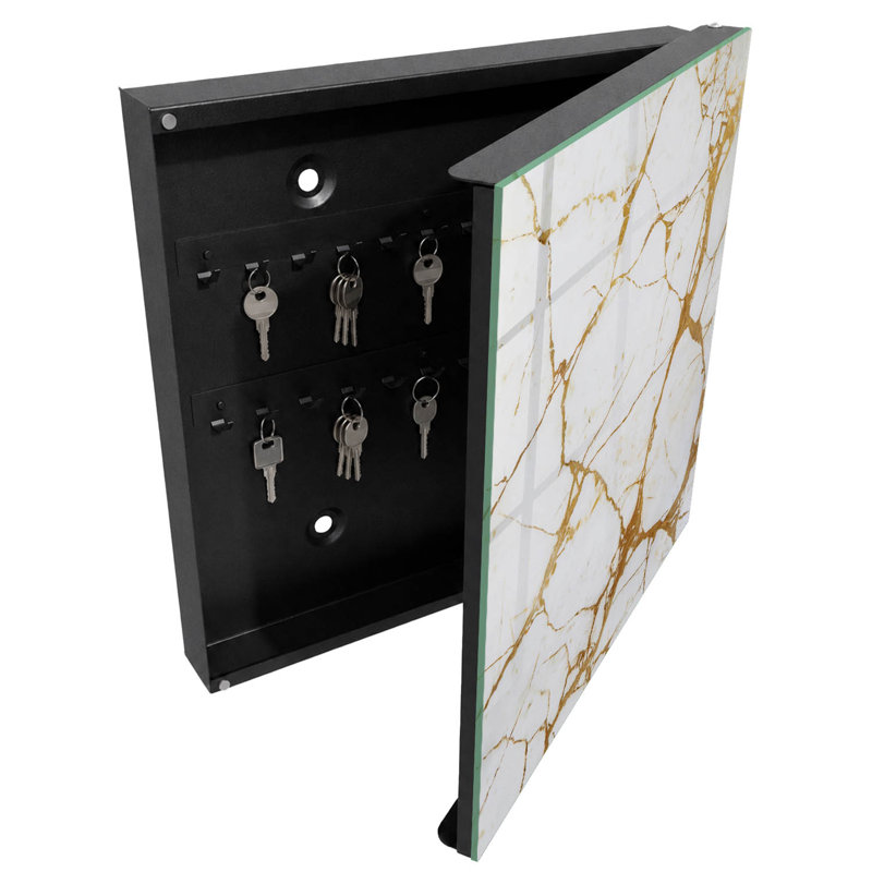 Decorative key box for wall, Opens to the left, 30x30x5, Black, White background with brown lines, 