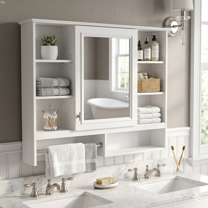 Armoire de salle de bain murale à miroir avec 5 tablettes réglables et barre à serviettes, armoire à pharmacie moderne au-dessus de l'évier pour le rangement, blanc