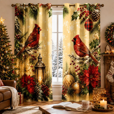 2 pièces de rideaux bloquant le soleil avec motif cardinal festif, thème de vacances de Noël charmant, scène d'hiver avec anneau de poinsettias et de pommes de pin pour décorer le salon de la maison