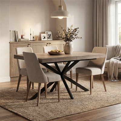 Rectangular Extendable Dining Table (55.11"–70.86"), Wooden Top with X-shaped Metal Base, Includes Shallow Storage Box, Mid-Century Modern Style, Vint
