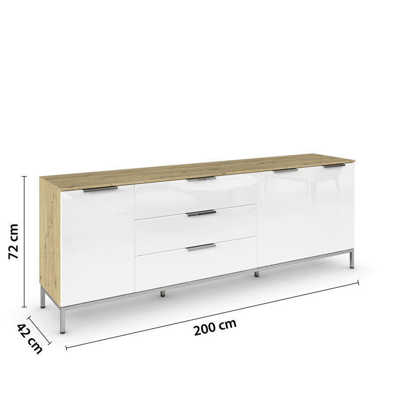 Flipp 3 Drawer 200Cm W Combo Dresser, Artisan Oak/White Glass/Chrome