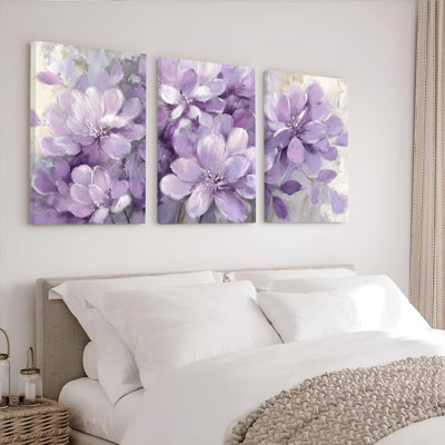 Impression sur toile mauve à motif floral mauve, reproduction de peinture à l'huile (ensemble de 3)