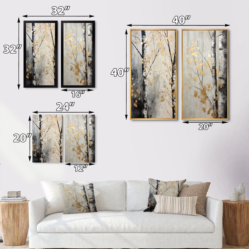 2 pièces sur toile - chuchotement d'arbre gris et or, Cadre noir, H 24 po x l 20 po