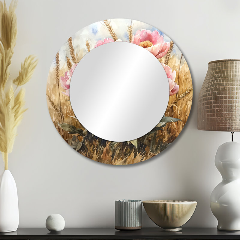Peonies In The Wheat Field I - Floral Accent Wall Mirror - Printed On Metal, 23" x 23"