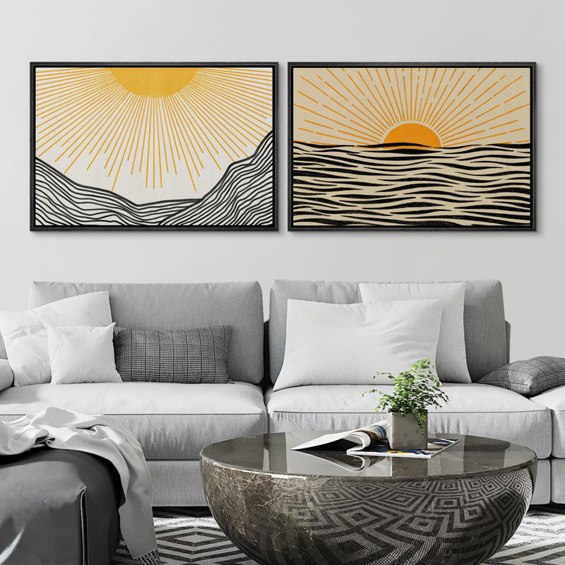 «Yellow Sunrise Abstract Ocean Nautical Coastal Llustrations» 2 pièces, H 16 po x l 24 po, Cadre noir