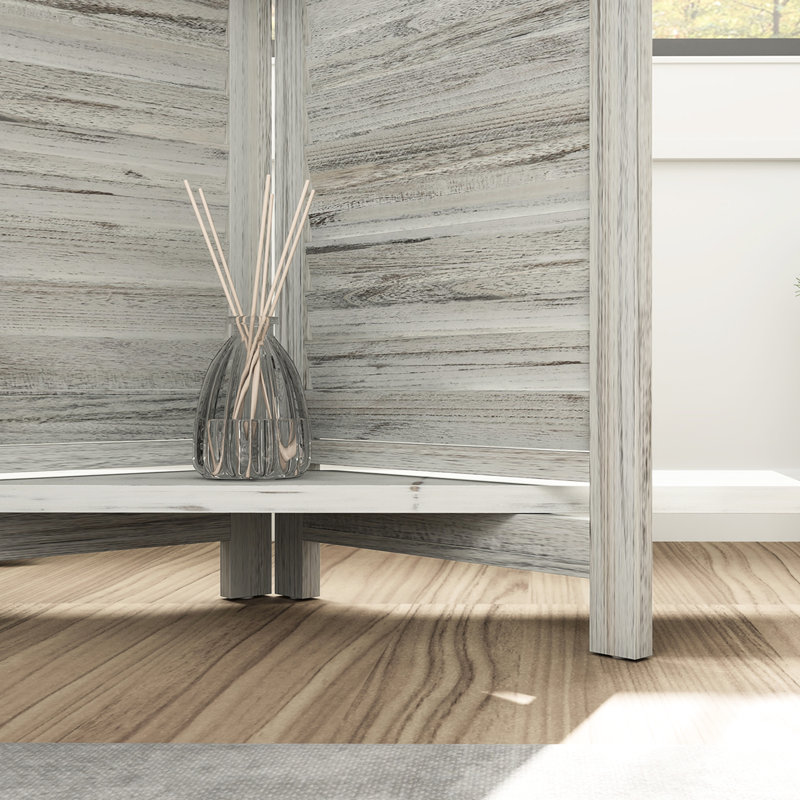 Paravent d'intimité, bois à quatre panneaux, conception pliante pour un rangement facile, décoration à trois tablettes, charnières en acier, espace de vie et de bureau, option de rangement en bois, tablettes de présentation, bon