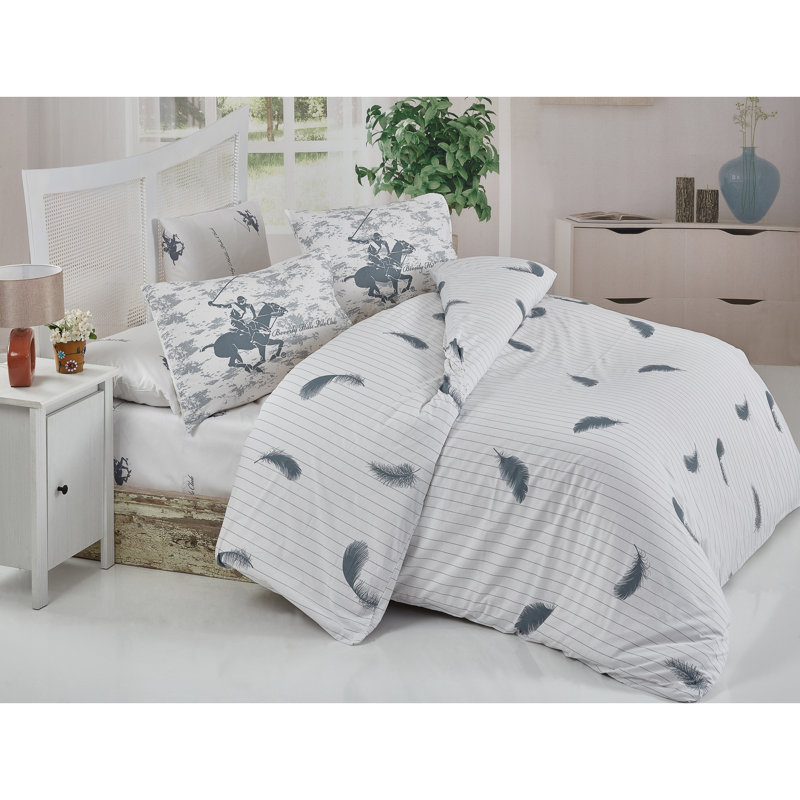 Ensemble de housse de couette 100% coton blanc / gris, Housse de couette double + 2 taies d'oreiller 24 p