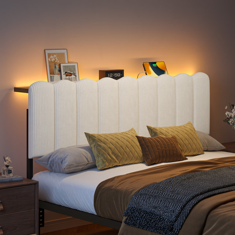 Tête de lit tapissier très grand rayée en molleton avec lumières DEL, hauteur réglable pour matelas de 8 à 14 pouces, pieds en métal