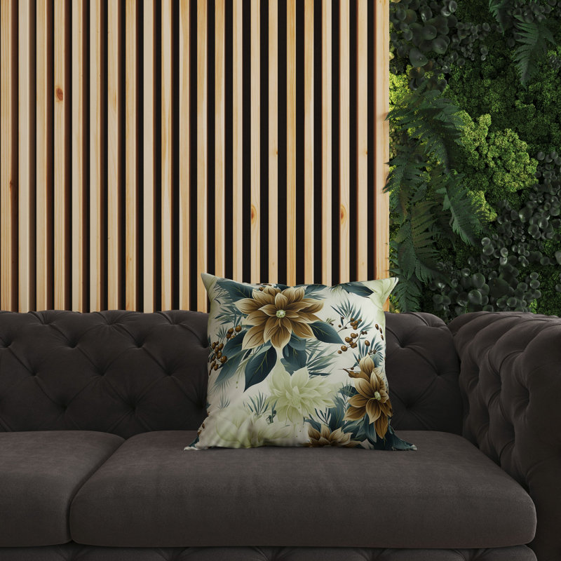 Holiday Floral Blue and Coffee Square Throw Pillow
