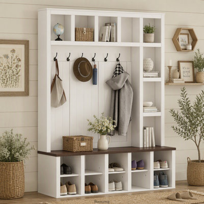 Farmhouse 4-in-1 Hall Tree with 6 Hooks, Walnut Storage Bench and Shoe Cubbies, White