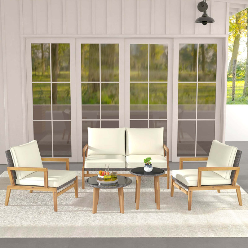 George Oliver 5 Piece Rattan Furniture Set Wicker Woven Sofa Set With Solid Acacia Wood Frame