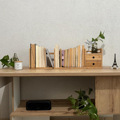 Bibliothèque de bureau extensible avec deux organisateurs de tiroir en bambou, conception pliable et compartiments pour une organisation efficace et sans encombrement de l'espace de travail - Bibliothèque élégante