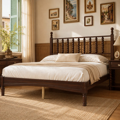 Lit plateforme en bois de noyer avec tête de lit en forme de gourde, cadre de lit de style rétro avec support en lattes de bois, aucun sommier requis
