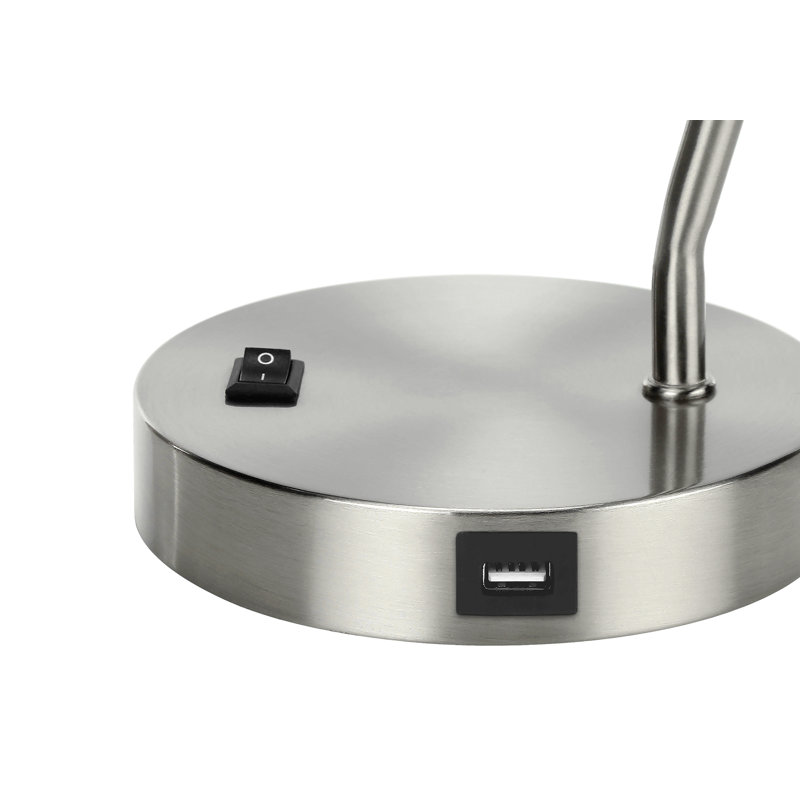 Éclairage, H 17 po, lampe de table, port USB inclus, nickel métallique, abat-jour nickel, moderne
