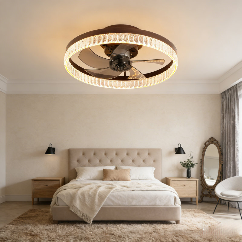 Modern Flush Mount Ceiling Fan With LED Light, Crystal Ring Design, Remote Control, Dimmable Lighting