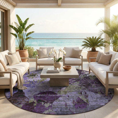 8' Round Purple and Green Round Floral Washable Non Skid Indoor Outdoor Area Rug