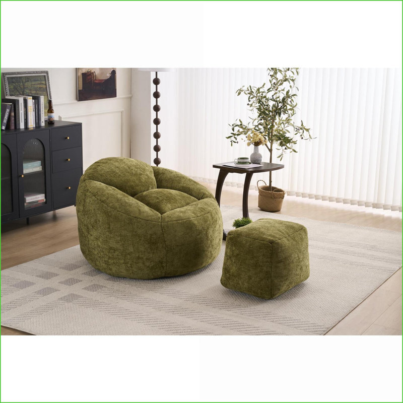 Plush Memory Foam Bean Bag Chair for Adults &amp; Teens – Lazy Sofa | Chenille | Round, Green Chenille