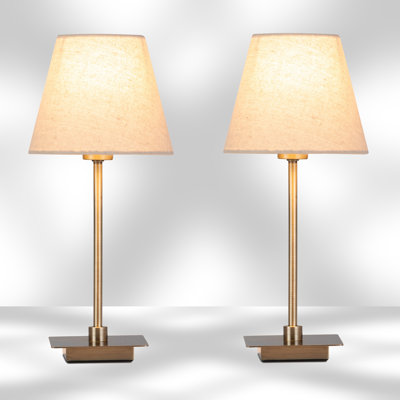 Pair (2x) Square Stick Antique Brass Metal Bedside Table Lamp